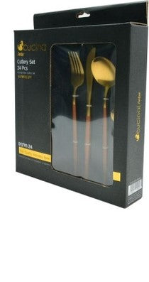 סט סכום 24 חלקים-זהב בגימור עץ-סכו"ם זהב-Cucina-סופר הום