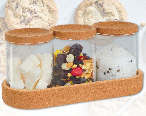 סט 3 צנצנות זכוכית עם בסיס ומכסה שעם-סט תה קפה סוכר-KashGan-סופר הום