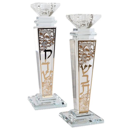 זוג פמוטים קריסטל עם עיטור וכיתוב שבת קדש - כסף/זהב-פמוטי קריסטל-Schonfeld Collection-זהב-סופר הום