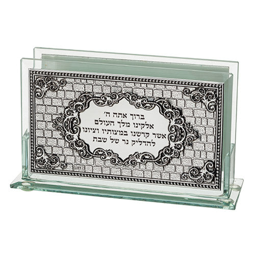מחזיק גפרורים זכוכית עם פלקטה "הדלקת נרות"-מעמד לקופסת גפרורים-ART JUDAICA-סופר הום