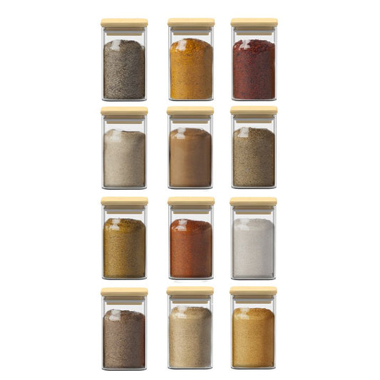 מארז 12 קופסאות זכוכית מרובעות לתבלינים 300 מ"ל + מדבקות-צנצנת תבלינים-Food Appeal-סופר הום