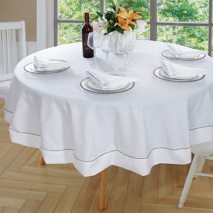 מפה עגולה קוטר 180 ס"מ - לבן עם פס זהב\כסף-מפת שולחן-Food Appeal-כסף-סופר הום