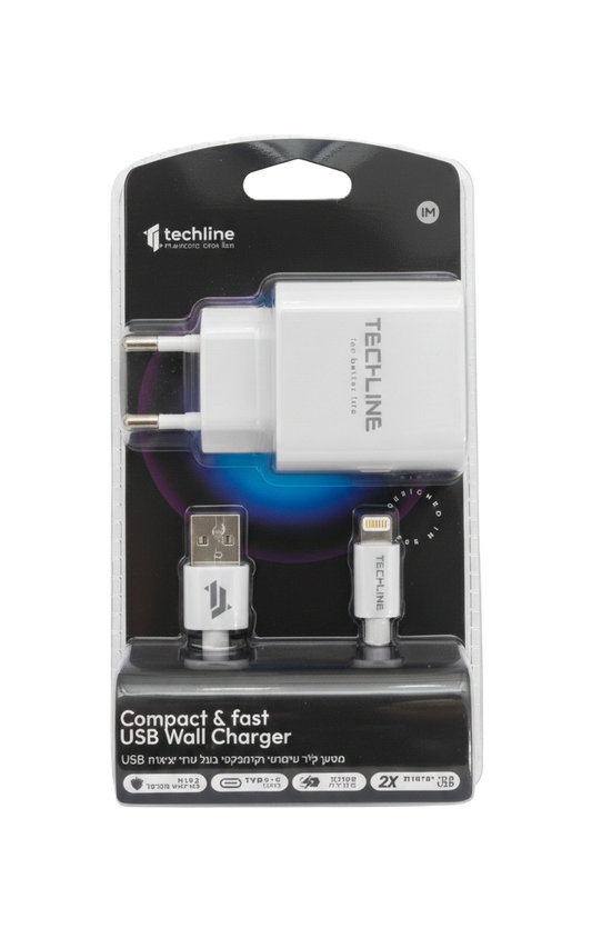 מטען קיר שתי יציאות + כבל TYPE C – TECHLINE-אביזרים לנייד-TECHLINE-סופר הום