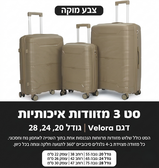 סט 3 מזוודות מוקה/כחול נייבי - דגם VELORA-אידיאלי לבית-מוקה-סופר הום