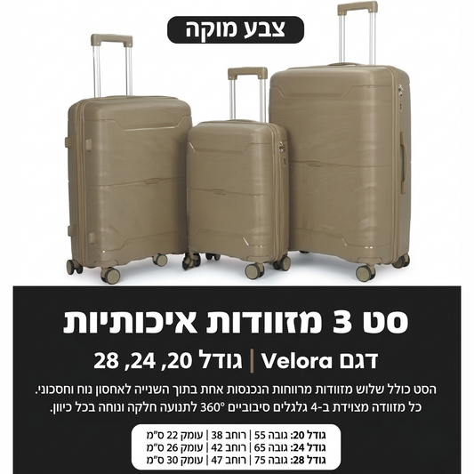 סט 3 מזוודות מוקה/כחול נייבי - דגם VELORA-אידיאלי לבית-מוקה-סופר הום