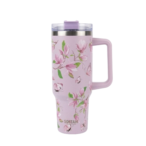 כוס גבוהה תרמית עם ידית וקש - מגוון דגמים-כוס תרמית-Soltam סולתם-ורוד וסגול-סופר הום