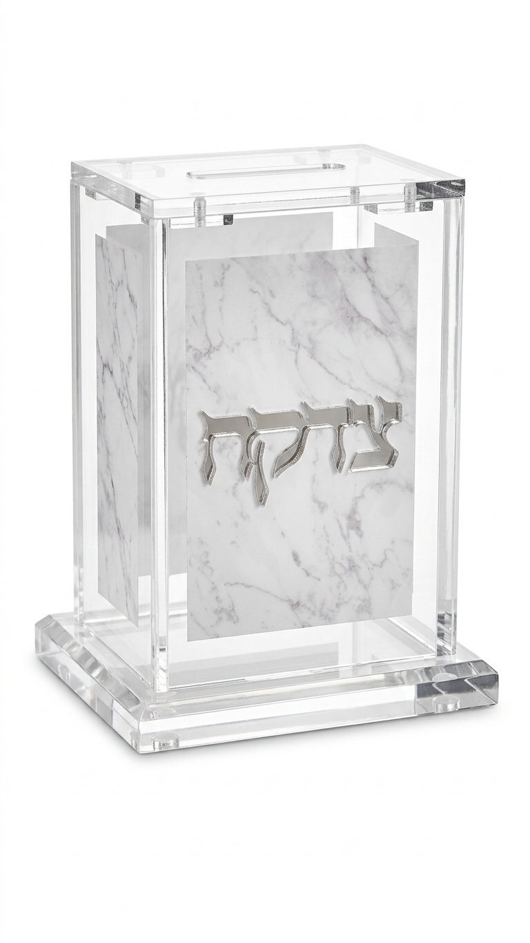 קופסת צדקה אקרילי עם עיצוב שיש - זהב\כסף-קופת צדקה-סופר הום-לבן-כסף-סופר הום