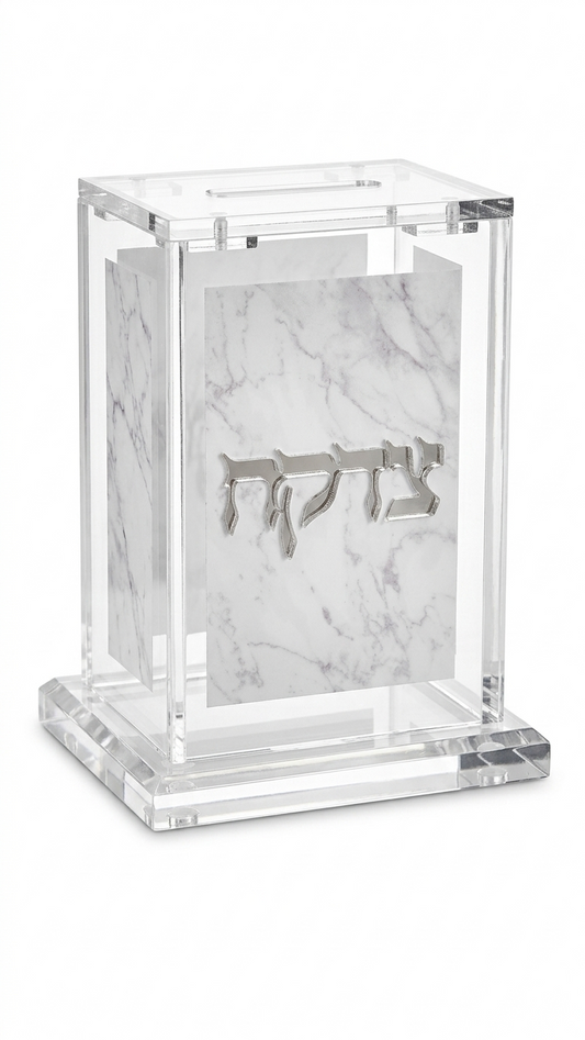 קופסת צדקה אקרילי עם עיצוב שיש - זהב\כסף-קופת צדקה-סופר הום-לבן-כסף-סופר הום