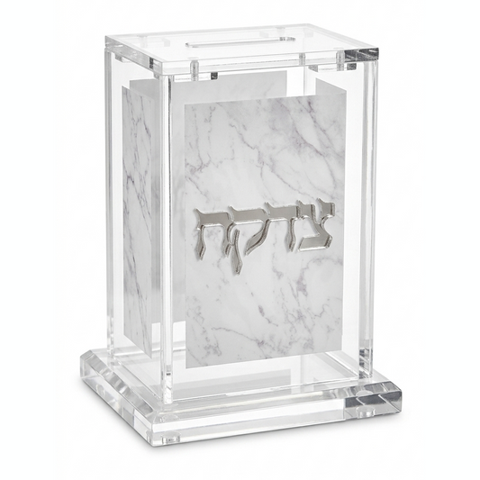 קופסת צדקה אקרילי עם עיצוב שיש - זהב\כסף-קופת צדקה-GIFTSHOP-לבן-כסף-סופר הום