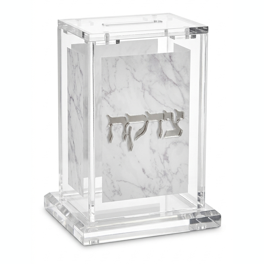 קופסת צדקה אקרילי עם עיצוב שיש - זהב\כסף-קופת צדקה-GIFTSHOP-לבן-כסף-סופר הום