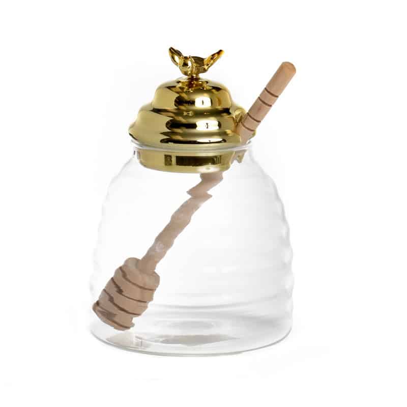 צנצנת דבש זכוכית מכסה זהב וכף עץ-כלי לדבש-Novell-סופר הום