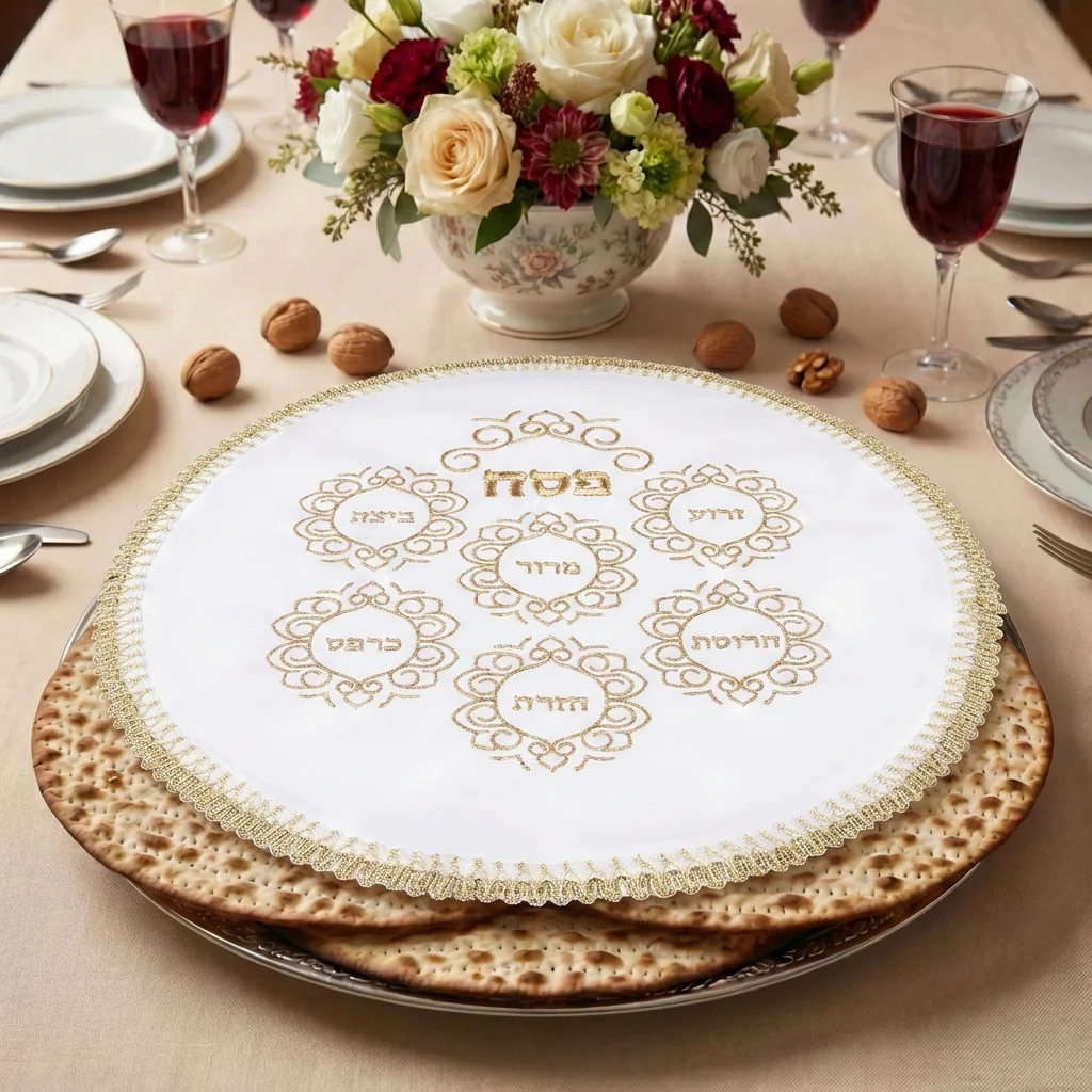 כיסוי פסח סטן עם רקמה 47 ס"מ אריזת צלופן-כיסוי לאפיקומן-ART JUDAICA-לבן וזהב סימנים-סופר הום