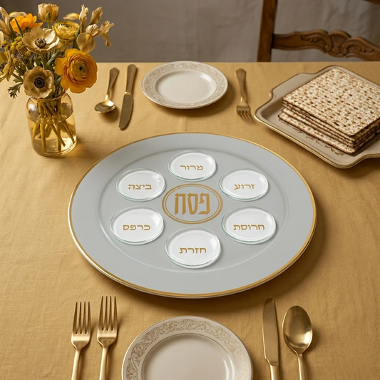 צלחת פסח מזכוכית 35 ס"מ - מגוון צבעים-קערת סדר-ART JUDAICA-אפור זהב-סופר הום