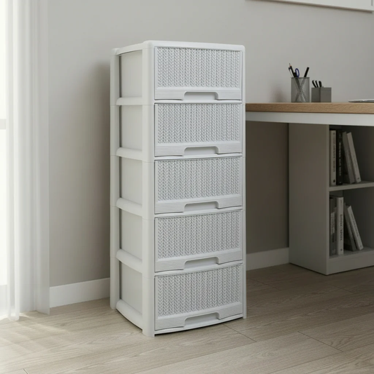 מגירון ראטן 5 קומות לבן/אפור-מגירון ראטן-Planero-לבן-סופר הום