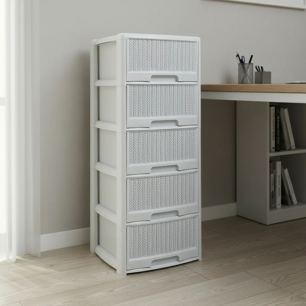 מגירון ראטן 5 קומות לבן/אפור-מגירון ראטן-Planero-לבן-סופר הום