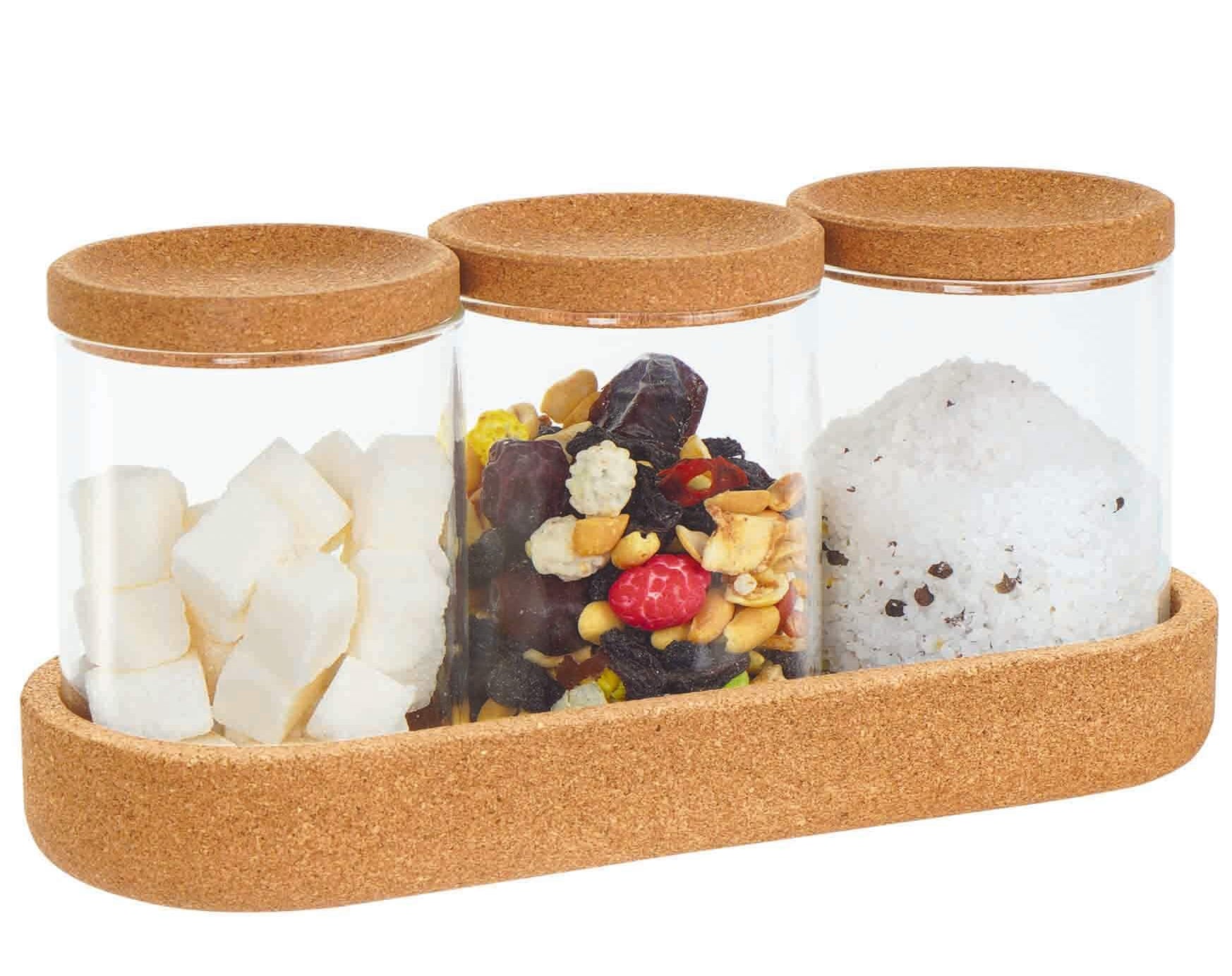 סט 3 צנצנות זכוכית עם בסיס ומכסה שעם-סט תה קפה סוכר-KashGan-סופר הום