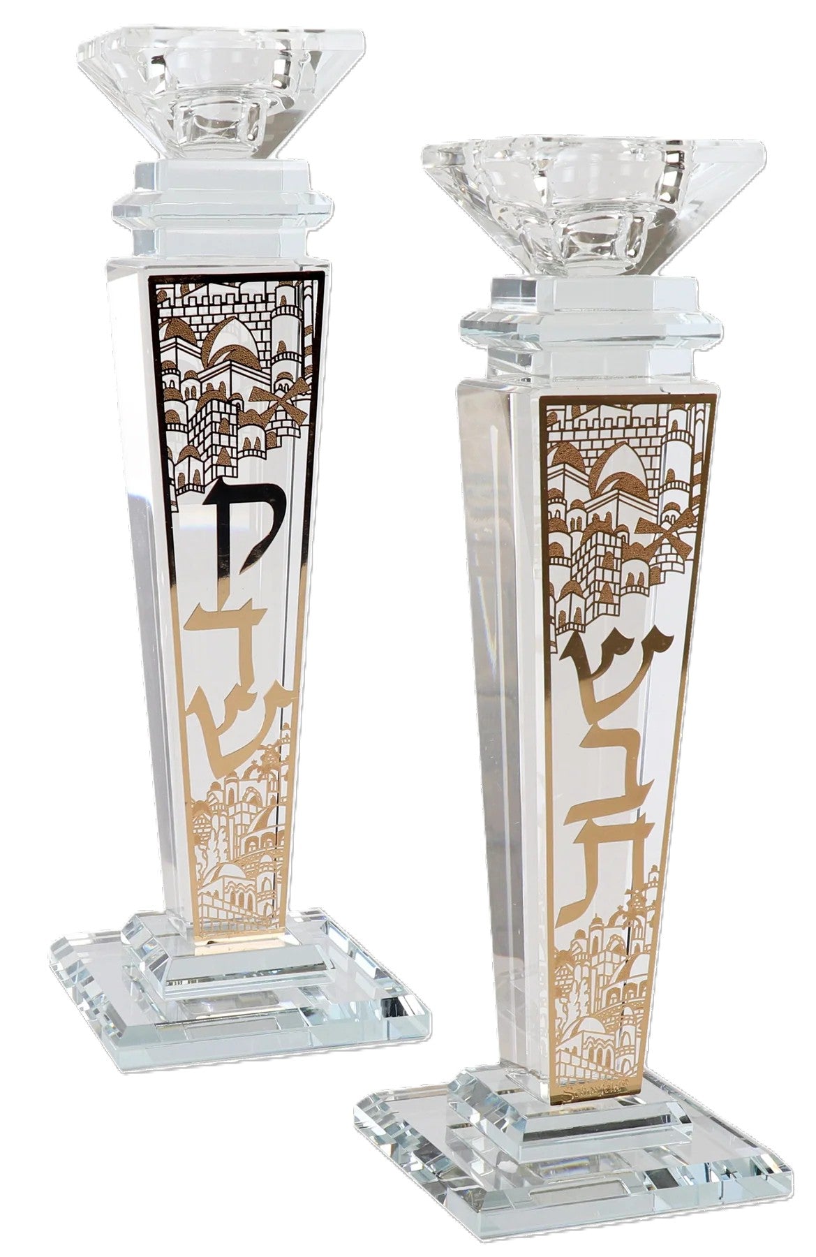 זוג פמוטים קריסטל עם עיטור וכיתוב שבת קדש - כסף/זהב-פמוטי קריסטל-Schonfeld Collection-זהב-סופר הום