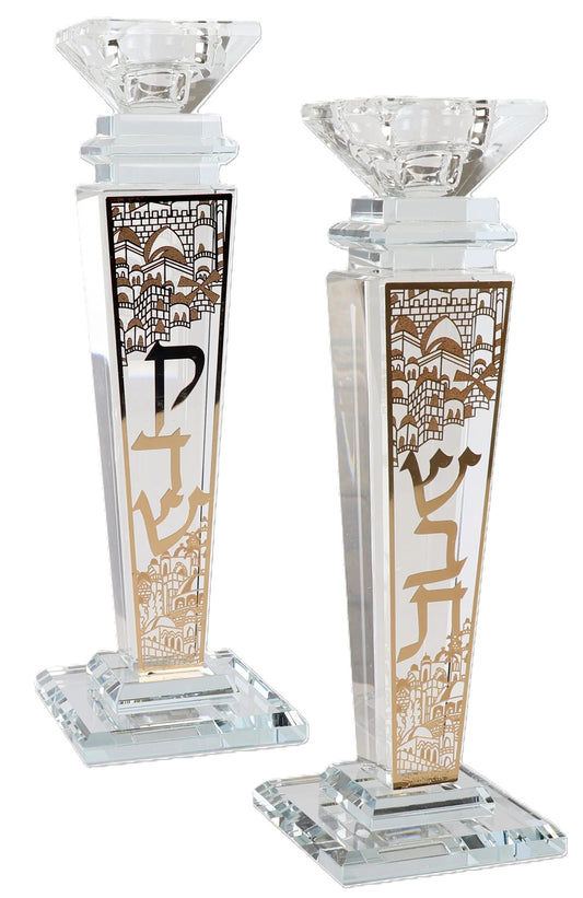 זוג פמוטים קריסטל עם עיטור וכיתוב שבת קדש - כסף/זהב-פמוטי קריסטל-Schonfeld Collection-זהב-סופר הום