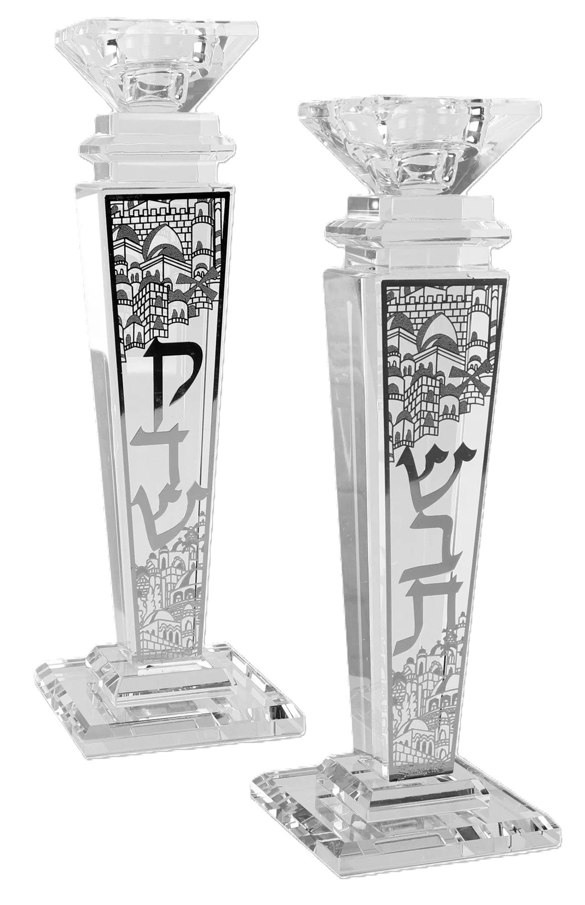 זוג פמוטים קריסטל עם עיטור וכיתוב שבת קדש - כסף/זהב-פמוטי קריסטל-Schonfeld Collection-כסף-סופר הום