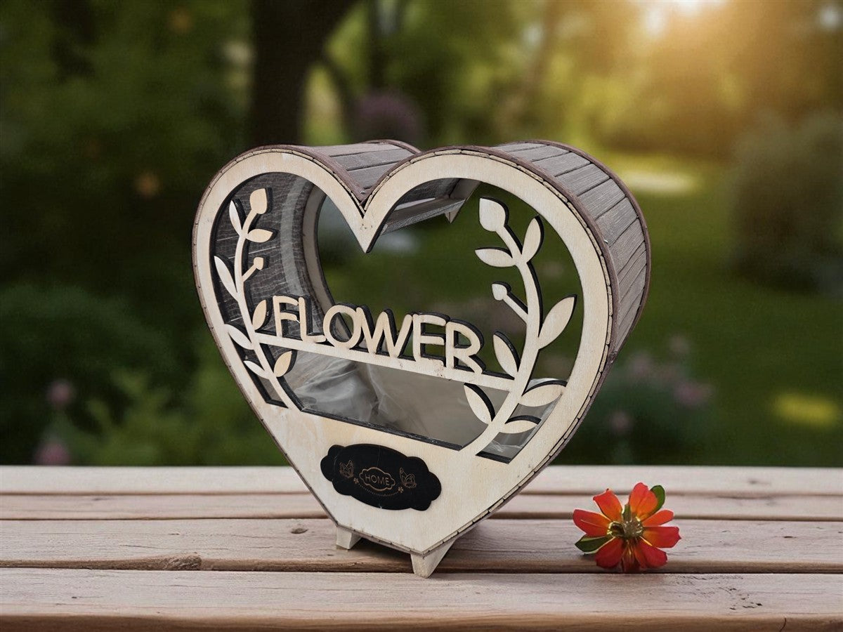 בית עציץ לב מעץ FLOWER - 13*30*31 ס"מ-Bella Casa-סופר הום