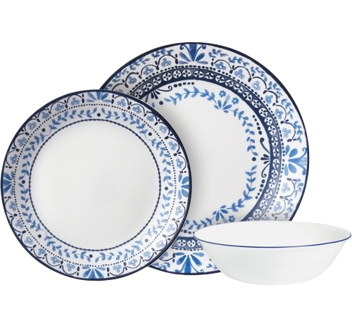 סט אוכל 12 חלקים בעיטורי פרחים וערבסקות בכחול על רקע לבן-סט צלחות זכוכית-SUPERHOME סופרהום-סופר הום
