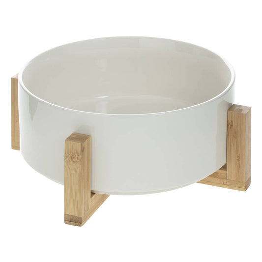 קערה לבנה עשויה Stoneware איכותי על מעמד עץ טבעי-קערות פורצלן-Naaman נעמן-סופר הום