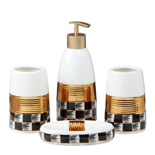 סט 4 אביזרי אמבטיה קרמיקה פרמיום עם מתקן סבון לשטיפה נוזלית ומחזיק מברשת שיניים,-סט לשירותים-SUPERHOME סופרהום-סופר הום