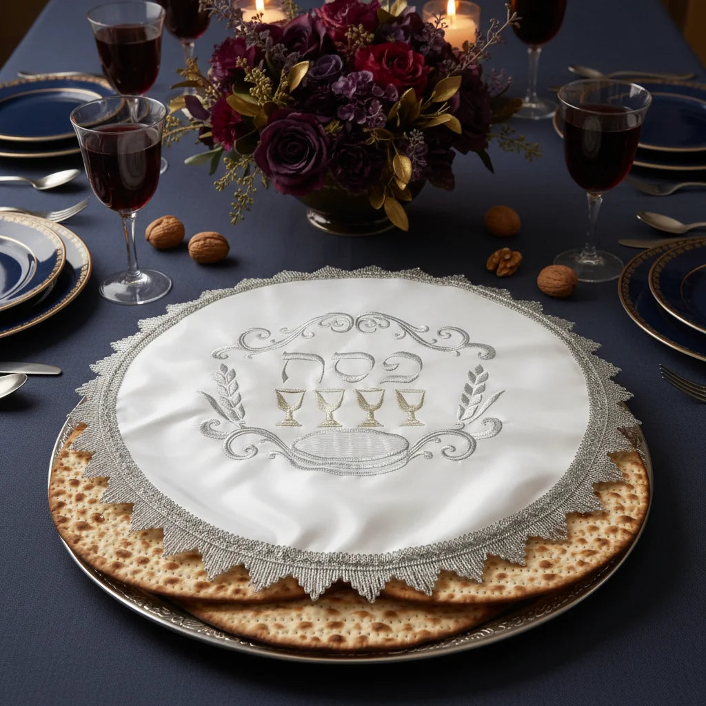 כיסוי פסח סטן עם רקמה 47 ס"מ אריזת צלופן-כיסוי לאפיקומן-ART JUDAICA-לבן וכסף-סופר הום