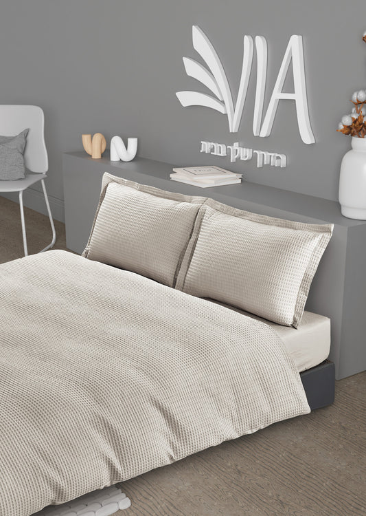 סט מצעים 100% כותנה וופל זוגי-סט זוגי-Via Home-בז'-סופר הום