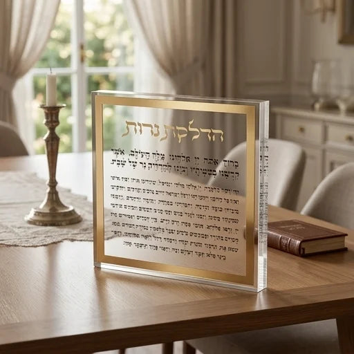 הדלקת נרות בלוק אקרילי - מסגרת כסף/זהב-ברכת הדלקת נרות-ART JUDAICA-כסף-סופר הום