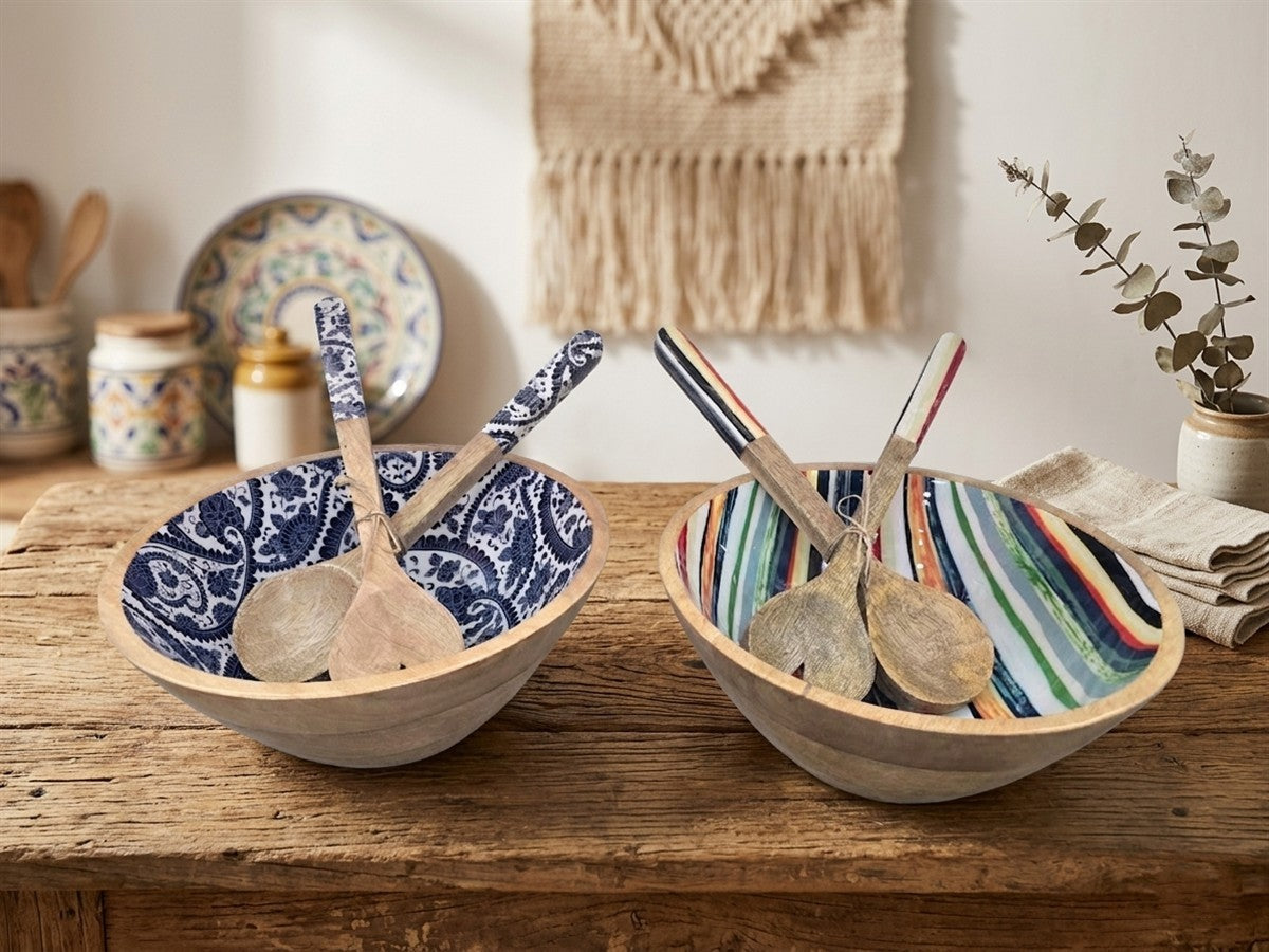 קערת עץ עם כפות אמייל - פסים/עיטורים-Bella Casa-פסים-סופר הום