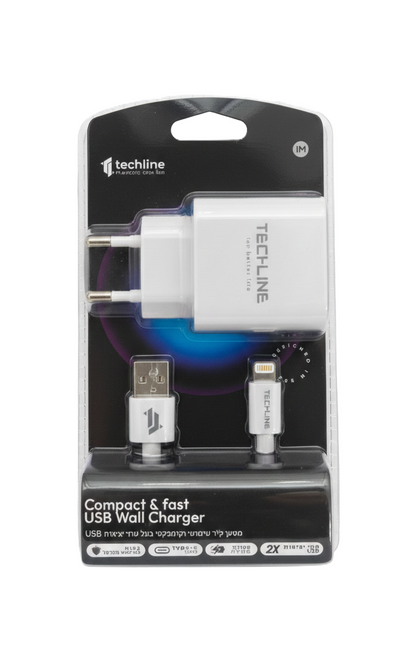 מטען קיר שתי יציאות + כבל TYPE C – TECHLINE-אביזרים לנייד-TECHLINE-סופר הום