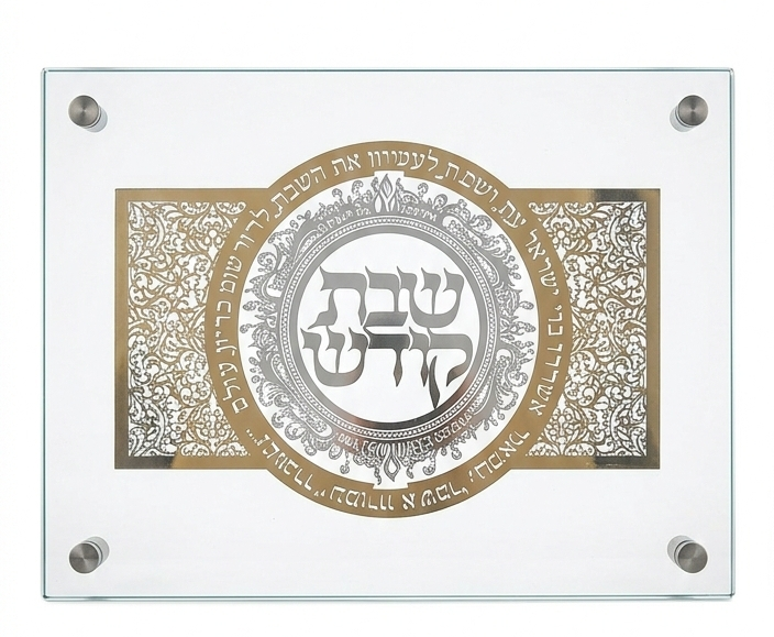 מגש חלות מהודר מזכוכית בעיטור עגול מוזהב-מגש לחלות מזכוכית-GIFTSHOP-סופר הום