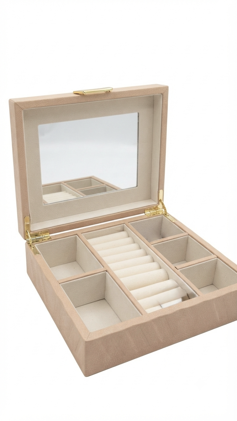 קופסת תכשיטים מראה PU בז' 22/18 ס"מ-קופסת תכשיטים-סופר הום-סופר הום