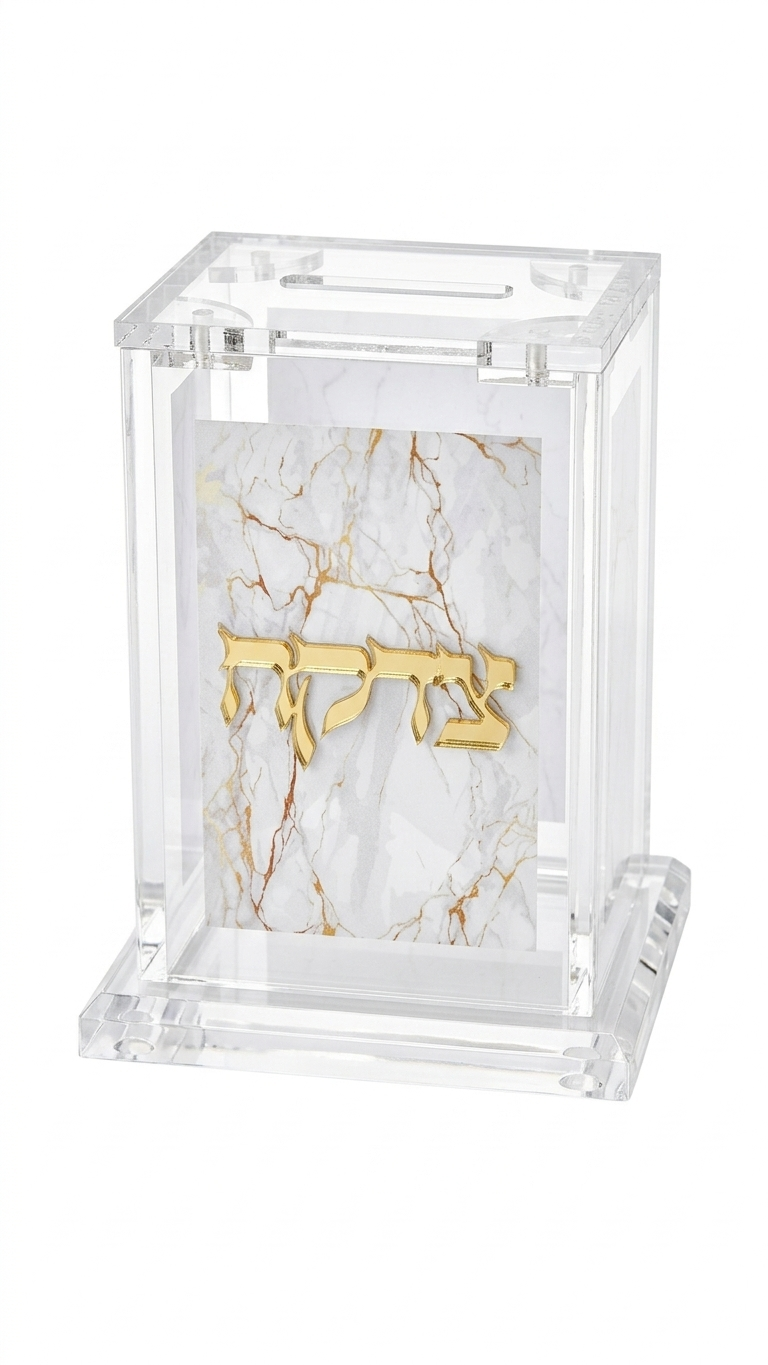 קופסת צדקה אקרילי עם עיצוב שיש - זהב\כסף-קופת צדקה-סופר הום-לבן-זהב-סופר הום