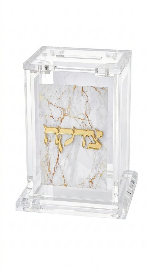 קופסת צדקה אקרילי עם עיצוב שיש - זהב\כסף-קופת צדקה-סופר הום-לבן-זהב-סופר הום