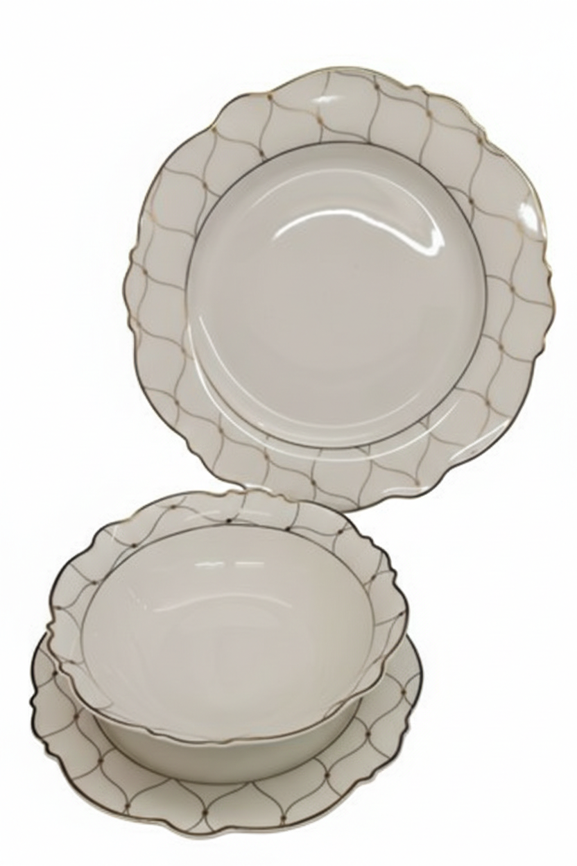 סט אוכל פורצלן לבן 18 חלקים - דגם רשת זהב-סט צלחות פורצלן-SUPERHOME סופרהום-סופר הום