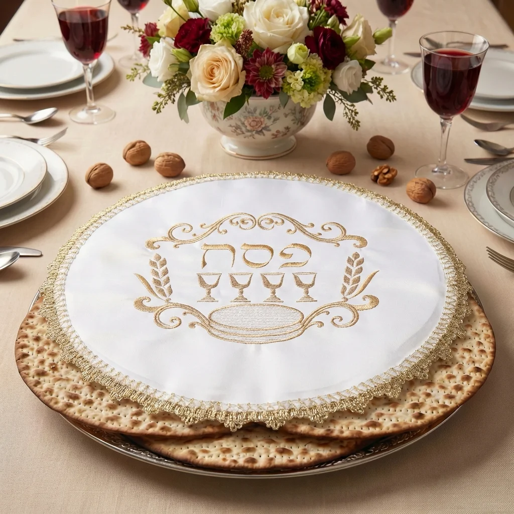 כיסוי פסח סטן עם רקמה 47 ס"מ אריזת צלופן-כיסוי לאפיקומן-ART JUDAICA-לבן וזהב-סופר הום