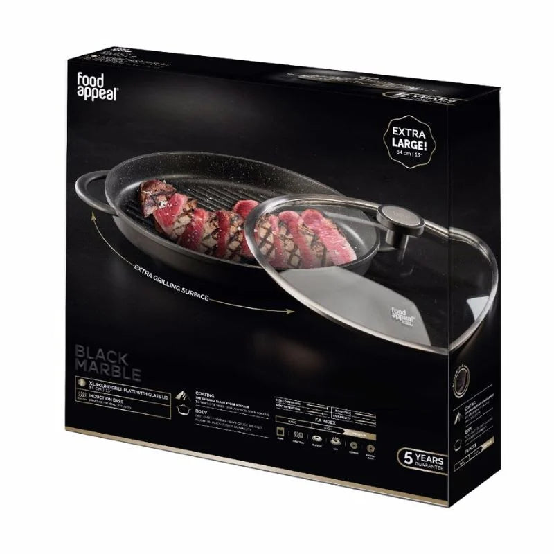 פלטת גריל עגולה עם מכסה זכוכית 34 ס”מ BLACK MARBLE מבית Food appeal-Food Appeal-קוטר המוצר: 34 ס”מ-סופר הום