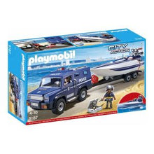 Load image into Gallery viewer, ג&#39;יפ משטרה וסירת מרוץ על נגרר-PLAYMOBIL-סופר הום
